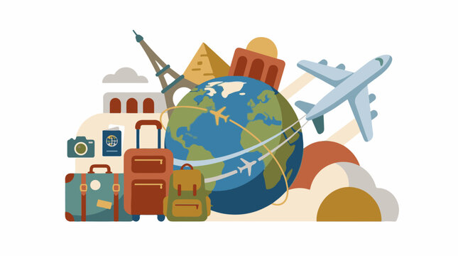 A global journey illustrated with landmarks luggage and aircraft