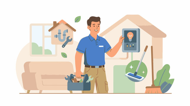 A man holds a tablet with a lightbulb on it standing with a toolbox