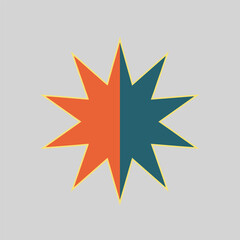 Obraz premium Symmetrical twelve pointed star geometric design with a split color pattern of orange and dark teal on a grey background.