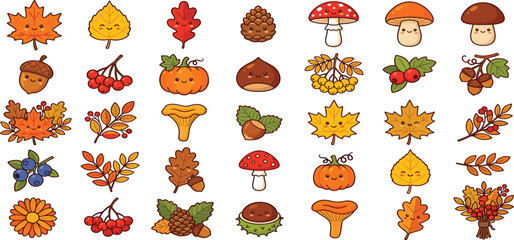 Cute autumn kawaii vector elements set with smiling pumpkin mushroom maple leaf acorn pinecone isolated © MdMejanur
