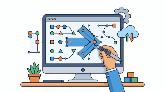 A hand draws on a computer monitor displaying a flowchart with various shapes