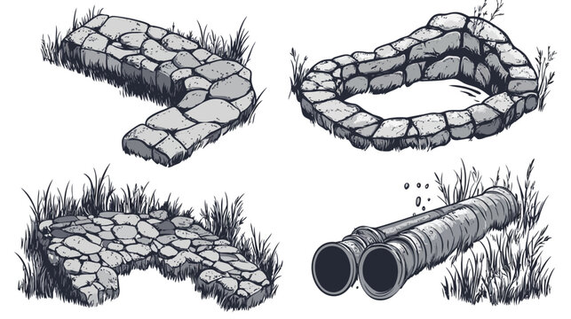 A grayscale, hand-drawn image featuring stone structures with vegetation. Includes a pipe