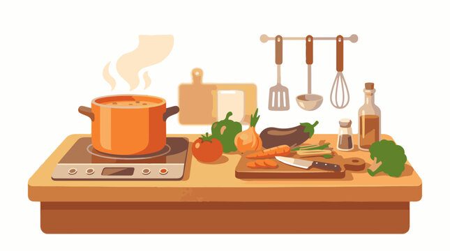 A kitchen counter displays fresh vegetables cooking utensils and a steaming pot