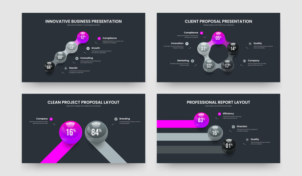 Business Overview Four Five Two Three Element Infographic Slide Layout Vector Illustration Collection. Corporate Campaign 4 5 2 3 Step Graph Slideshow Design Set.