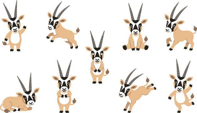 Cute Cartoon Oryx Antelope Character Mascot Set with Jumping, Sitting, Running, and Waving Poses for Kids Safari Desert Wildlife Graphic Designs Vector