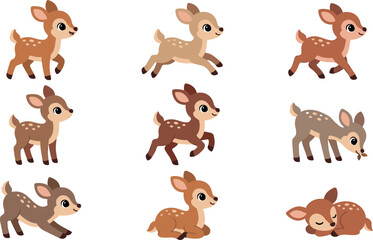 Fototapeta premium Adorable Woodland Fawn Character Asset Collection with Running, Sleeping, and Grazing Poses for Children Storybook and Nursery Wall Art Vector Designs