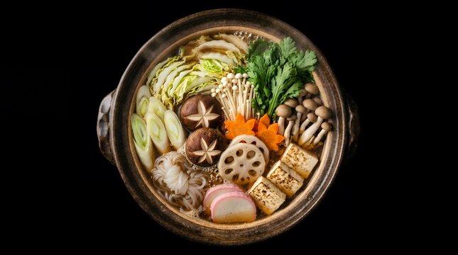 Delicious and Healthy Japanese Nabe Hot Pot Steaming Warmly with Fresh Vegetables.