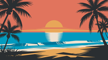 Obraz premium Tropical beach scene shows palm trees silhouetted against a golden sunset over the ocean horizon.