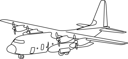 Fototapeta premium Continuous one line drawing of a military cargo transport aircraft.