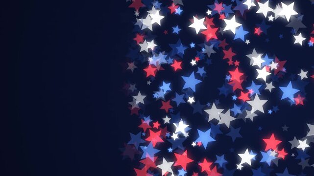 Patriotic USA background animation featuring glowing red, white, and blue stars floating dynamically on a dark backdrop, perfect loop template with copy space for 4th of July celebrations