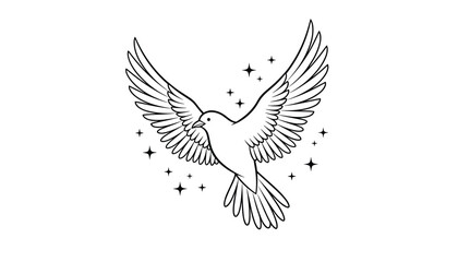 Obraz premium Beautiful black and white line art illustration of a flying peace dove surrounded by sparkling stars and magic.