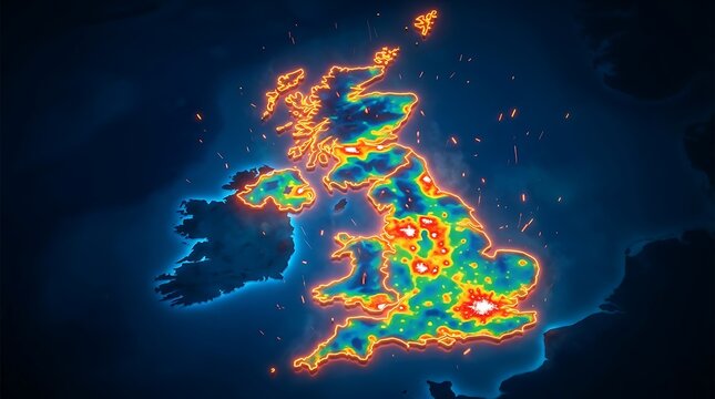 Glowing digital map of United Kingdom and Ireland, heat map visualization of UK population density, futuristic data analysis of British Isles