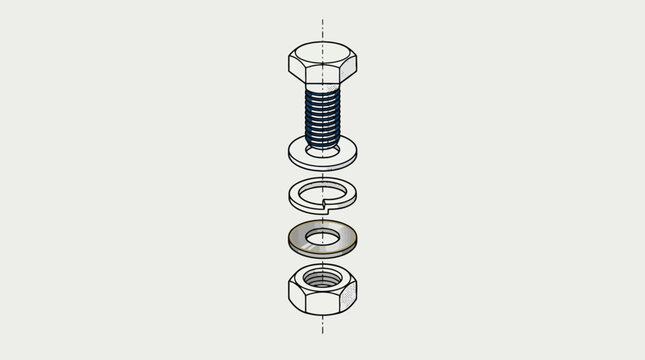 Exploded technical diagram of a bolt nut and washer assembly. EPS Editable. Vector Illustrations.