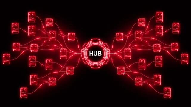 Futuristic Digital Network Hub with Connected Database Servers and Data Flow
