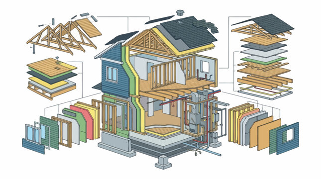 Exploded view architectural diagram of house construction layers and framing details. EPS Editable. Vector Illustrations.