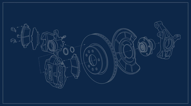 Exploded view blueprint of a car disc brake assembly system. EPS Editable. Vector Illustrations.