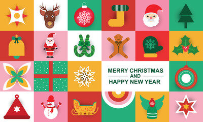 Naklejka premium Christmas colorful greeting card of geometric shapes and New Year's elements
