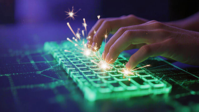 Glowing keyboard with hand typing and spark effect, digital technology concept