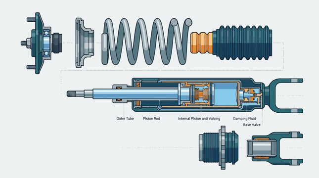 Exploded view diagram of a car shock absorber and strut assembly components. EPS Editable. Vector Illustrations.
