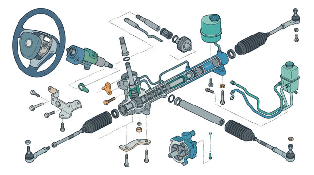 Exploded view diagram of a car steering system showing rack and pinion steering wheel and suspension components. EPS Editable. Vector Illustrations.