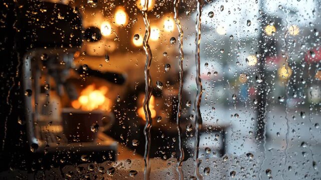 Rain Drops on Window, Coffee Shop Warm Light, Cozy Atmosphere, Espresso Machine, Cup, Urban Street, Relaxation, Autumn Mood, Inviting Reflection, Evening Peaceful Beverage