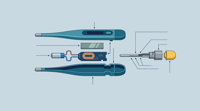 Exploded view diagram of a digital medical thermometer showing internal components. EPS Editable. Vector Illustrations.