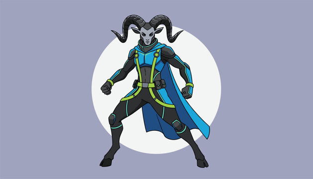 Powerful ram superhero character in a futuristic blue and black combat suit standing in front of a white circular shield.