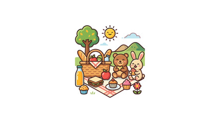 Cute bear and rabbit enjoying a sunny picnic in the park