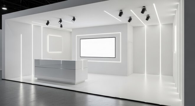 Modern white exhibition booth with minimalist design and illuminated display screen.
