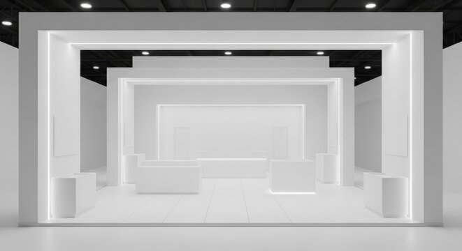 Modern minimalist white exhibition stand booth design for trade show event.