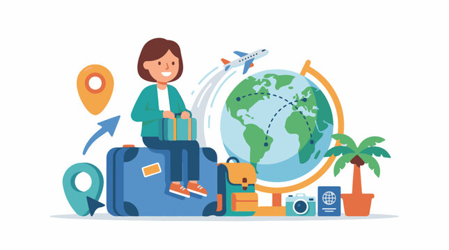 A smiling woman sits on a blue suitcase with a globe plane and travel accessories