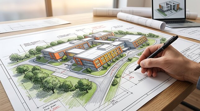 Architectural sketch of a modern school campus building complex on a drafting table with a hand holding a pen