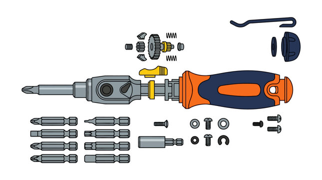 Exploded view diagram of a ratchet screwdriver with internal components and bits. EPS Editable. Vector Illustrations.