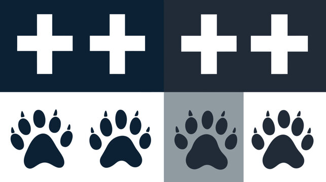 A geometric abstract divided into quadrants with white crosses and paw prints on different color backgrounds