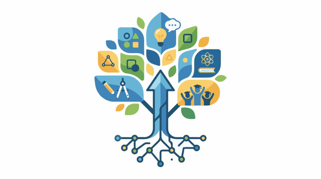 A stylized tree with a growing upward arrow trunk and roots adorned with colorful leaves and various icons