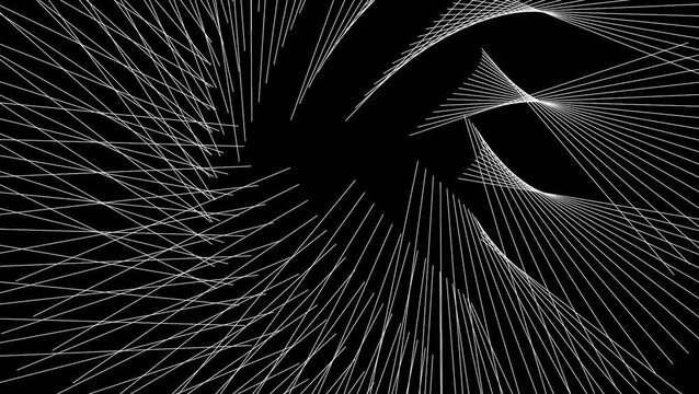 Abstract motion graphic animation with rotating white lines forming spiral patterns, dynamic geometric shapes, hypnotic visual flow, dark background, artistic digital motion footage, seamless loop.