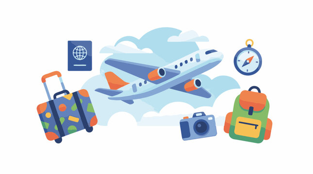 A stylized airplane flies through clouds with travel items