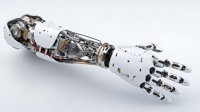 Mechanical exoskeleton arm model on white background