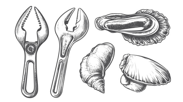 A grayscale illustration featuring tools and marine life elements, rendered in a detailed vintage style