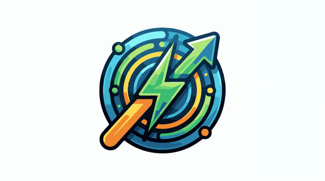 A stylized circular emblem with a green lightning bolt and orange arrow