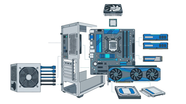 Exploded view diagram of desktop computer hardware components showing motherboard CPU GPU RAM and power supply unit. EPS Editable. Vector Illustrations.