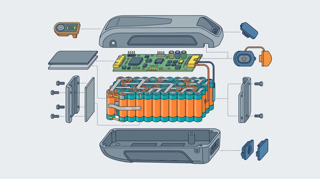 Exploded view diagram of electric bicycle lithium battery pack components. EPS Editable. Vector Illustrations.