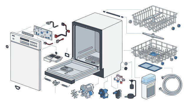 Exploded view diagram of dishwasher parts and components schematic illustration. EPS Editable. Vector Illustrations.