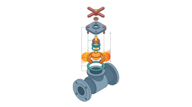Exploded view diagram of industrial gate valve assembly. EPS Editable. Vector Illustrations.