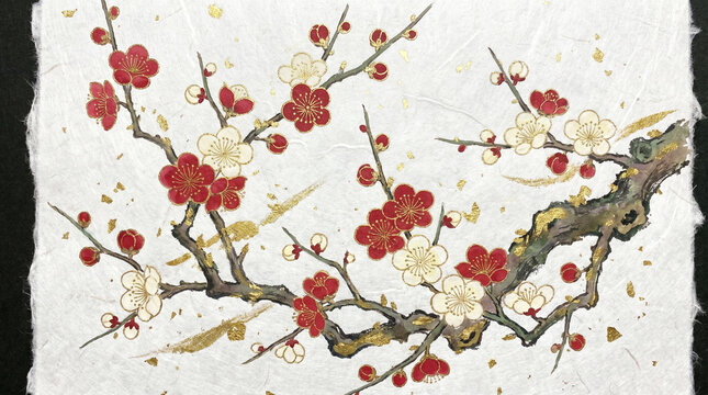 Japanese Auspicious Crane and Pine on Black Washi Paper New Year Celebration