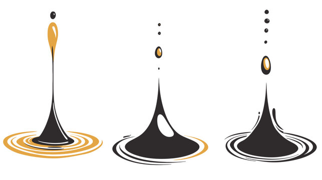 Sequential depiction of a liquid droplet formation and splash in black and gold tones