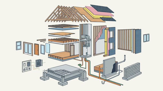 Exploded view diagram showing residential house construction layers and structural components. EPS Editable. Vector Illustrations.
