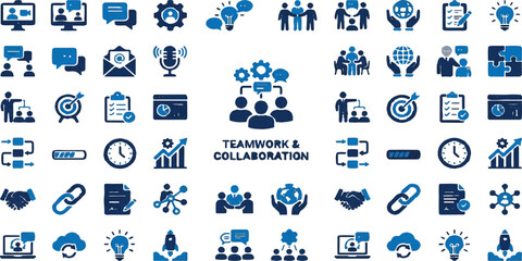 Obraz premium Teamwork and Collaboration Icons: A comprehensive collection of blue icons illustrating concepts of teamwork, collaboration, communication, business strategy, and success in a digital format.