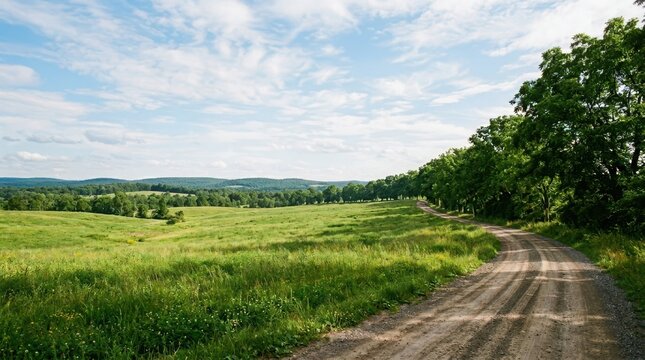 A serene dirt road winding through a lush green landscape trees rolling hills under a blue sky white clouds