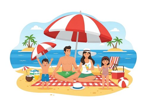 Happy family enjoying a summer picnic on the beach with umbrellas and cooler, relaxing vacation